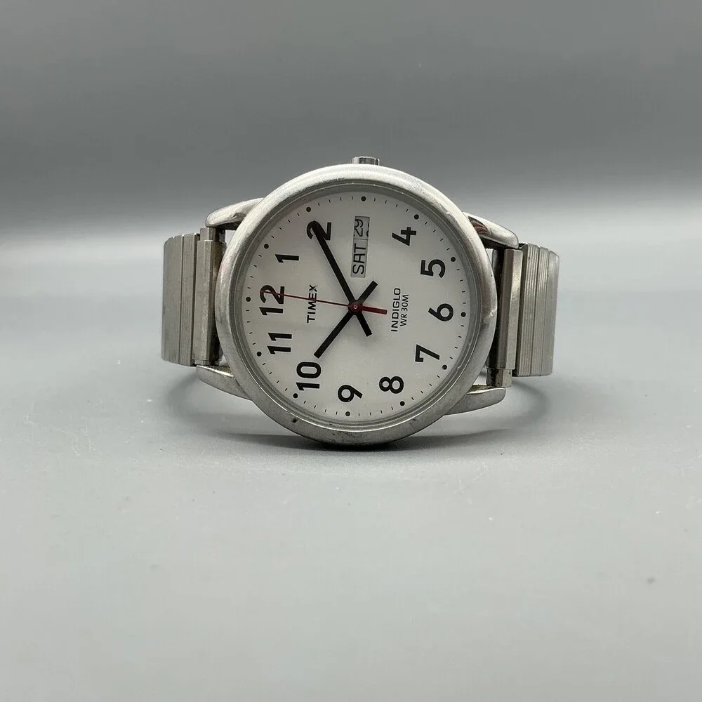 Timex Indiglo Mens Watch 36mm White Dial Stainless Expansion Day Date New Battey